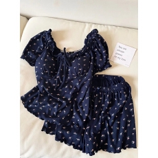 小叮当碎花短袖短裤睡衣女夏季甜美开衫居家服外穿套装