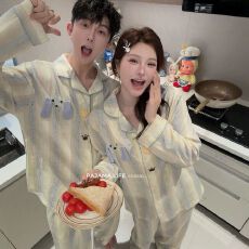 批发小叮当云朵棉情侣睡衣女春季长袖长裤男士开衫休闲家居服套装