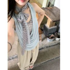 批发MR【原版 雪花亚麻】设计感百搭格子荡领T恤女吊带背心女<b class='q'>夏</b>季