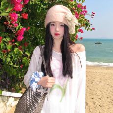 批发MR【原版面料】热带扶桑印花斜肩<b class='q'>长袖</b>T恤女夏慵懒风防晒罩衫上衣