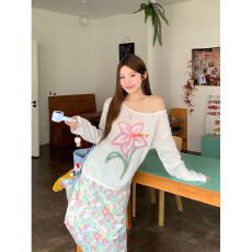 批发MR【雪花棉】慵懒风露肩印花<b class='q'>长袖</b>防晒T恤女夏百搭宽松显瘦上衣