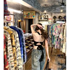 批发MR【人棉】黑色美背短款挂脖吊带<b class='q'>背心女</b>夏季绑带镂空露背辣妹上衣