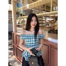 批发MR【拉链+内里】格纹一字肩<b class='q'>衬衫女</b>夏<b class='q'>韩版</b>修身荷叶边高腰显瘦上衣