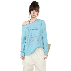 批发MR【原版亚麻棉】蓝色薄款斜肩露肩防晒罩衫女夏长T<b class='q'>防晒衫</b>上衣