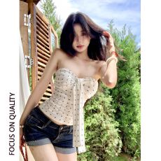 批发MR【人棉】波点抹胸吊带背心女<b class='q'>夏</b>蝴蝶结飘带性感无袖外穿白色上衣