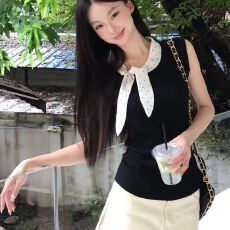 批发MR【人棉】韩系波点蝴蝶结拼接设计无袖<b class='q'>背心</b>女夏修身显瘦百搭上衣