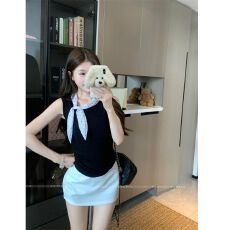 批发MR【人棉】法式辣妹黑色外穿无袖<b class='q'>背心</b>女夏修身显瘦波点系带上衣潮