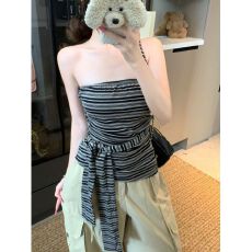 批发MR【天丝螺纹色织条】性感辣妹条纹绑带抹胸背心女装<b class='q'>夏</b>季显瘦上衣