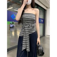 批发MR【螺纹色织条】复古条纹抹胸背心女<b class='q'>夏</b>季设计感绑带收腰无袖上衣