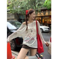 批发MR【原版棉麻面料】防晒罩衫女夏季<b class='q'>长袖</b>t恤辣妹宽松露肩斜肩上衣