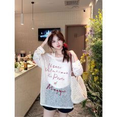 批发MR【棉麻面料】字母印花防晒罩衫女夏季<b class='q'>长袖</b>t恤辣妹宽松斜肩上衣