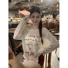 批发MR【棉麻面料】防晒罩衫女夏季<b class='q'>长袖</b>t恤辣妹宽松露肩斜肩气质上衣