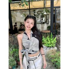 批发MR【梭织格】纯欲绑带V领挂脖无袖<b class='q'>背心</b>女夏显瘦辣妹气质短款上衣