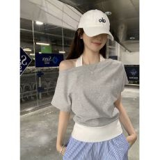 批发MR【40支精棉】撞色假两件挂脖<b class='q'>短袖</b>T恤女夏韩系辣妹显瘦露肩<b class='q'>上衣</b>