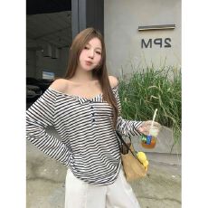 批发MR【原版做法】慵懒风条纹<b class='q'>长袖</b>T恤女夏松弛感薄款防晒罩衫上衣