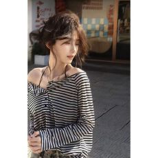 批发MR【条纹上衣】美式辣妹撞色条纹露肩<b class='q'>长袖</b>微透<b class='q'>防晒衣</b>罩衫女夏上衣