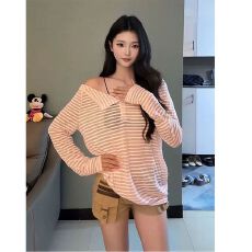批发MR   韩系粉色条纹防晒罩衫t恤女夏薄款宽松甜辣妹慵懒风<b class='q'>长袖</b>上衣