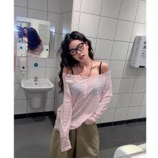 批发MR【原版做法】美式慵懒风条纹一字肩<b class='q'>长袖</b>T恤女夏薄款防晒上衣