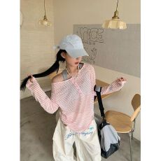 批发MR【原版做法】慵懒撞色条纹<b class='q'>长袖</b>T恤女夏季百搭宽松垂感防晒上衣