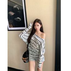 MR色织条韩版撞色条纹斜肩长袖T恤女秋季休闲显瘦复古上衣