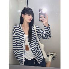 批发MR【雪花棉】韩系条纹微透<b class='q'>长袖</b>防晒开衫女夏季新款宽松遮肉上衣潮