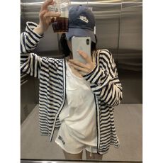 批发MR【雪花棉】设计感撞色条纹气质防晒<b class='q'>长袖</b>外套女秋季显瘦百搭上衣