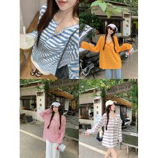 批发MR【雪花棉】慵懒撞色条纹<b class='q'>长袖</b>T恤女秋百搭宽松休闲垂感防晒上衣