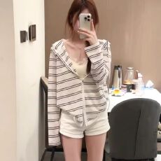 批发MR【雪花棉】<b class='q'>夏</b>薄纱松弛感条纹连帽长袖开衫t恤宽松外搭薄款罩衫