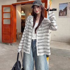 批发MR【雪花棉】韩系条纹<b class='q'>长袖</b>连帽开衫外套夏季宽松薄款<b class='q'>防晒衫</b>上衣女