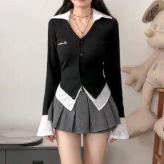 批发MR【原版做法】撞色假两件开衫polo领T恤女秋纯欲<b class='q'>修身</b>气质<b class='q'>打底衫</b>