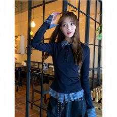 批发MR【莫代尔人棉】设计感POLO领假两件上衣女装修身<b class='q'>显瘦</b>内搭打底衫