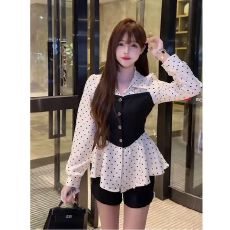 批发MR【原版面料不掉色】法式polo领<b class='q'>波点</b><b class='q'>衬衫</b>女淑女气质收腰显瘦上衣