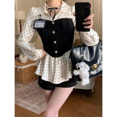 批发MR【原版面料不掉色】miu系气质<b class='q'>波点</b><b class='q'>衬衫</b>女秋季收腰撞色拼接上衣