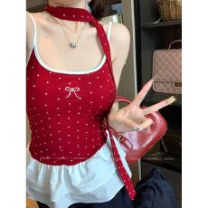 批发MR【<b class='q'>莫代尔</b>】甜辣妹红色波点<b class='q'>吊带</b><b class='q'>背心</b>女夏蝴蝶结下摆花边显瘦上衣