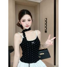 批发MR【人棉】红色波点<b class='q'>吊带</b><b class='q'>背心</b>女外穿夏泰式辣妹挂脖抹胸蓬蓬小上衣