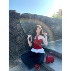 批发MR【原版品质】红色吊带女夏蝴蝶结甜辣妹短款打底外穿围脖上衣