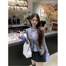 批发MR【原版做法】设计感短款<b class='q'>假两件</b>针织开衫春季学院风辣妹内搭上衣