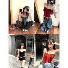 批发MR【人棉】蝴蝶结系带抹胸背心女<b class='q'>夏</b>纯欲风裹胸内搭红色甜辣妹上衣