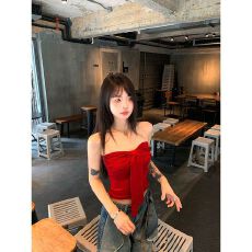 批发MR【人棉】蝴蝶结系带抹胸背心女<b class='q'>夏</b>纯欲风裹胸内搭红色甜辣妹上衣