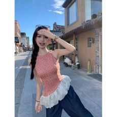 批发MR【高品质】不规则<b class='q'>网纱</b>拼接蓝色格子挂脖吊带背心女外穿修身上衣