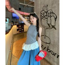 批发MR【原版小格式】不规则<b class='q'>网纱</b>拼接蓝色格子挂脖吊带背心女修身上衣