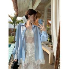 批发MR【原版做法】法式夏新款百搭polo领宽松衬衫设计感蕾丝拼接上衣