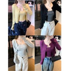 批发MR【随心裁】慵懒开衫<b class='q'>外套</b>女秋季套装<b class='q'>修身</b>条纹吊带背心上衣两件套