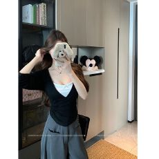 批发MR【原版品质】韩系假两件波点T恤女秋蝴蝶结叠穿蕾丝<b class='q'>打底衫</b>短款