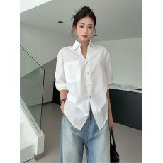 批发MR【原版品质】白色休闲POLO领<b class='q'>衬衫</b>女秋季泡泡袖褶皱收腰<b class='q'>衬衣</b>夏季