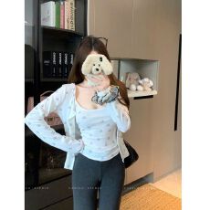 批发MR【原版提花】减龄甜美套装女秋季长袖防晒开衫吊带背心两件套潮