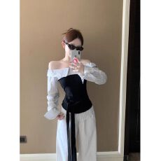 批发MR【原版品质】设计感条纹拼接绑带气质<b class='q'>长袖</b><b class='q'>衬衫女</b>秋收腰显瘦上衣