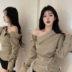 批发MR【原版面料】法式不规则<b class='q'>长袖</b>衬衫减龄露肩衬衣高级感上衣秋女装