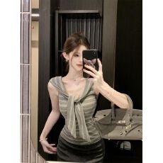批发MR【原版做法】一字肩<b class='q'>条纹</b>飘带无袖T恤女夏修身收腰纯欲辣妹上衣