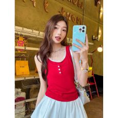 批发MR【人棉】红色蕾丝花边假两件工字<b class='q'>背心</b>女夏修身显瘦辣妹短款上衣